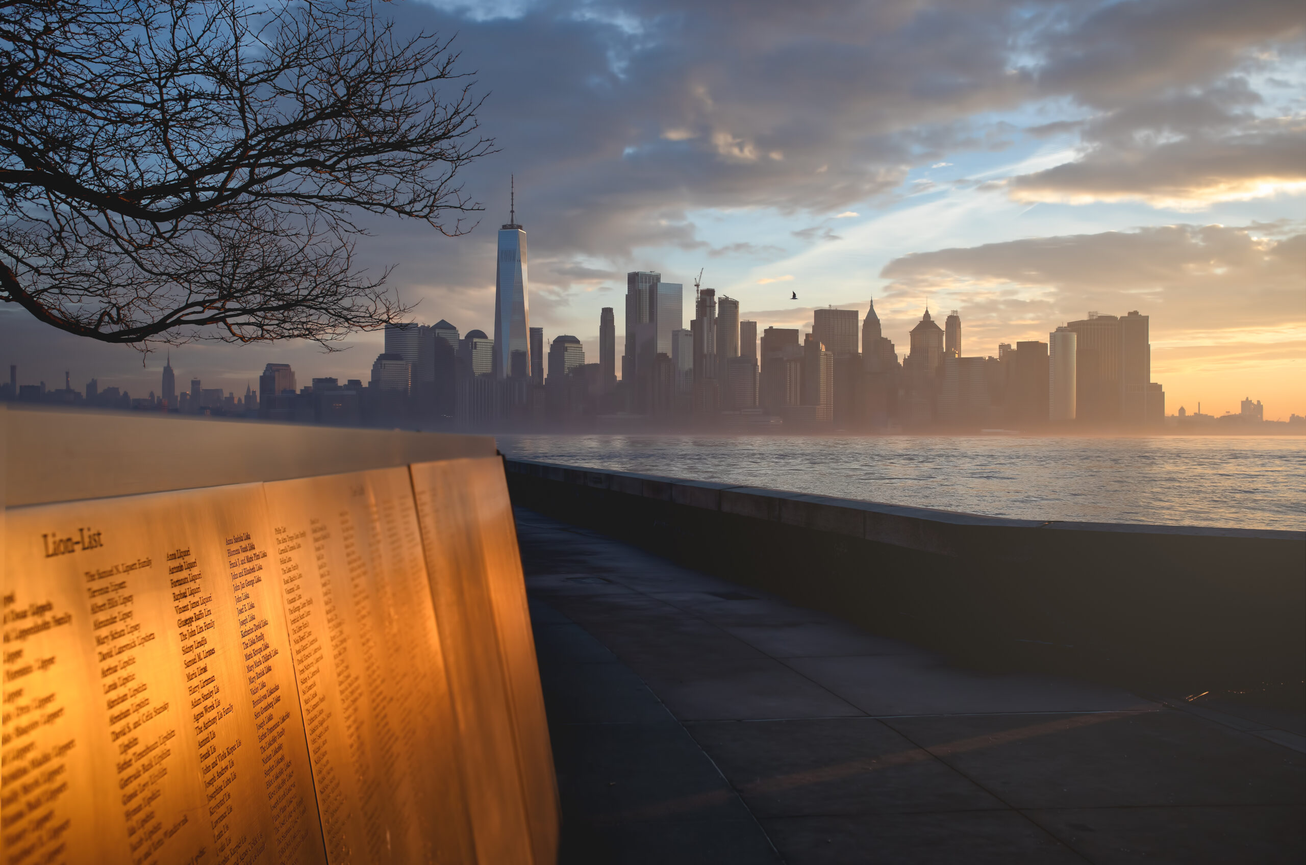 Wall of Honor on Ellis Island with NYC skyline